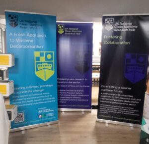 Photograph of the UK-MaRes Hub banners used at Posidonia 2024